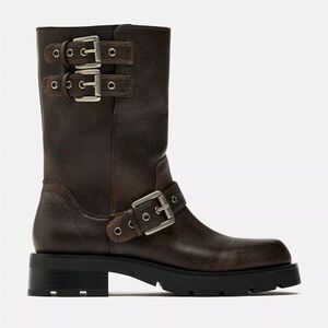 Zara Buckle Biker Ankle Boots Faux Leather 8.5 EU 39